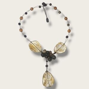 Vintage Essence Crystal Glass Bead Y-Drop Necklace Black‎ & Gold Tones